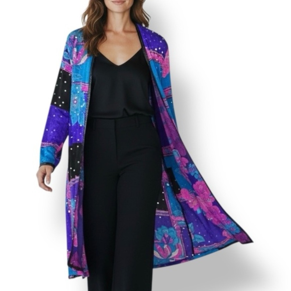 Vintage Judith Ann Creations Silk Beaded Floral Jacket Kimono Cardigan Small - Picture 2 of 11